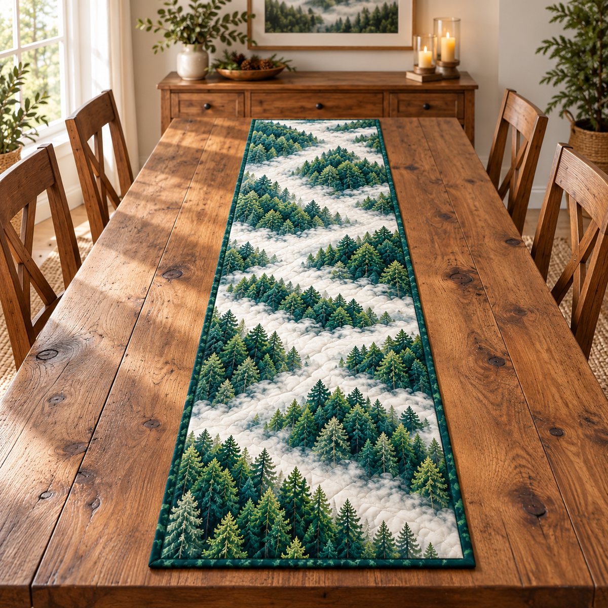 Evergreen Mist Canopy Table Runner. Flat printed aerial evergreen canopy and ivory mist, full rectangular runner.