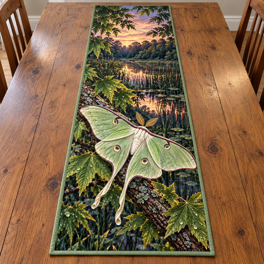 Luna Moth Sweetgum Pond Table Runner. Flat printed single luna moth with sweetgum twig, veined leaves and dusk woodland reed pond.