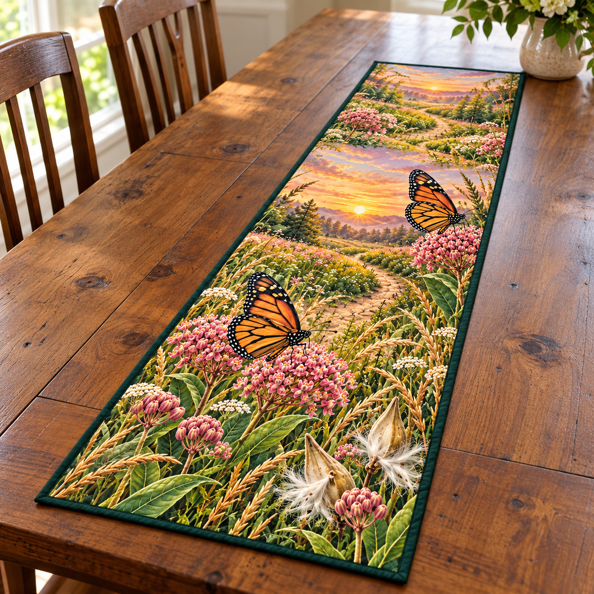 Monarch Milkweed Meadow Table Runner. Flat printed botanical scene on narrow rectangular bound fabric.