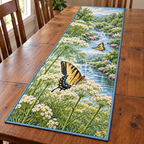 Swallowtail Fennel Stream Table Runner. Flat printed botanical scene on narrow rectangular bound fabric.