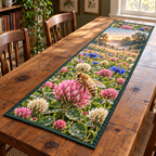 Honeybee Clover Dew Meadow Table Runner. Flat printed honeybee on pink clover in a dew-lit meadow.