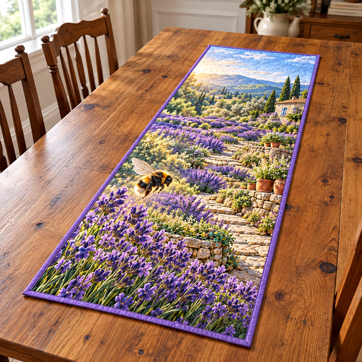 Bumblebee Lavender Terrace Table Runner. Flat printed side-flight bumblebee and receding lavender garden path.