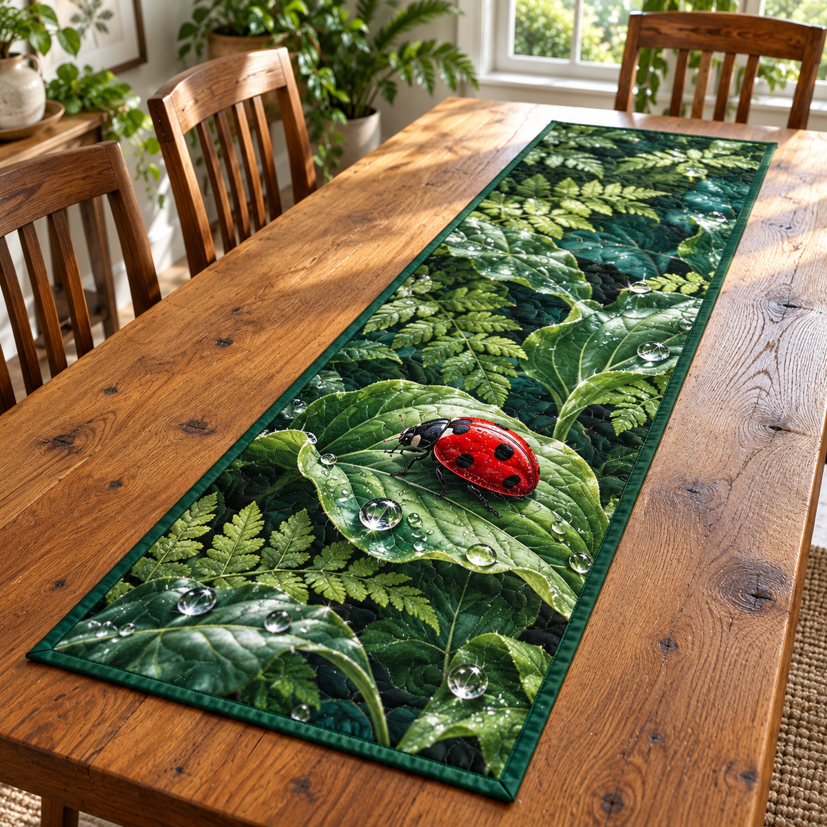 Ladybug Dew Leaf Garden Table Runner with flat printed red ladybug, emerald leaves and transparent dew.