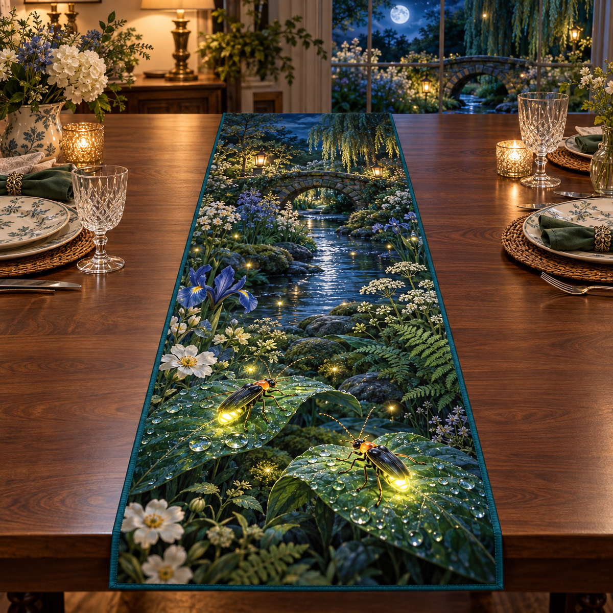 Two glowing fireflies on dew leaves with iris, ferns and a moonlit stream, flat printed on a rectangular table runner.