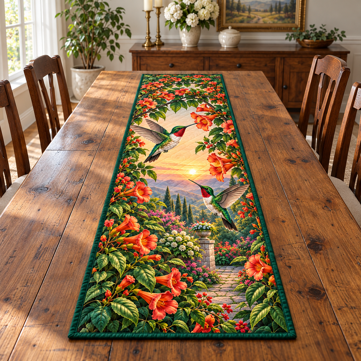 Hummingbird Trumpet Arch Table Runner. Flat printed optical depth on a full rectangular bound runner.