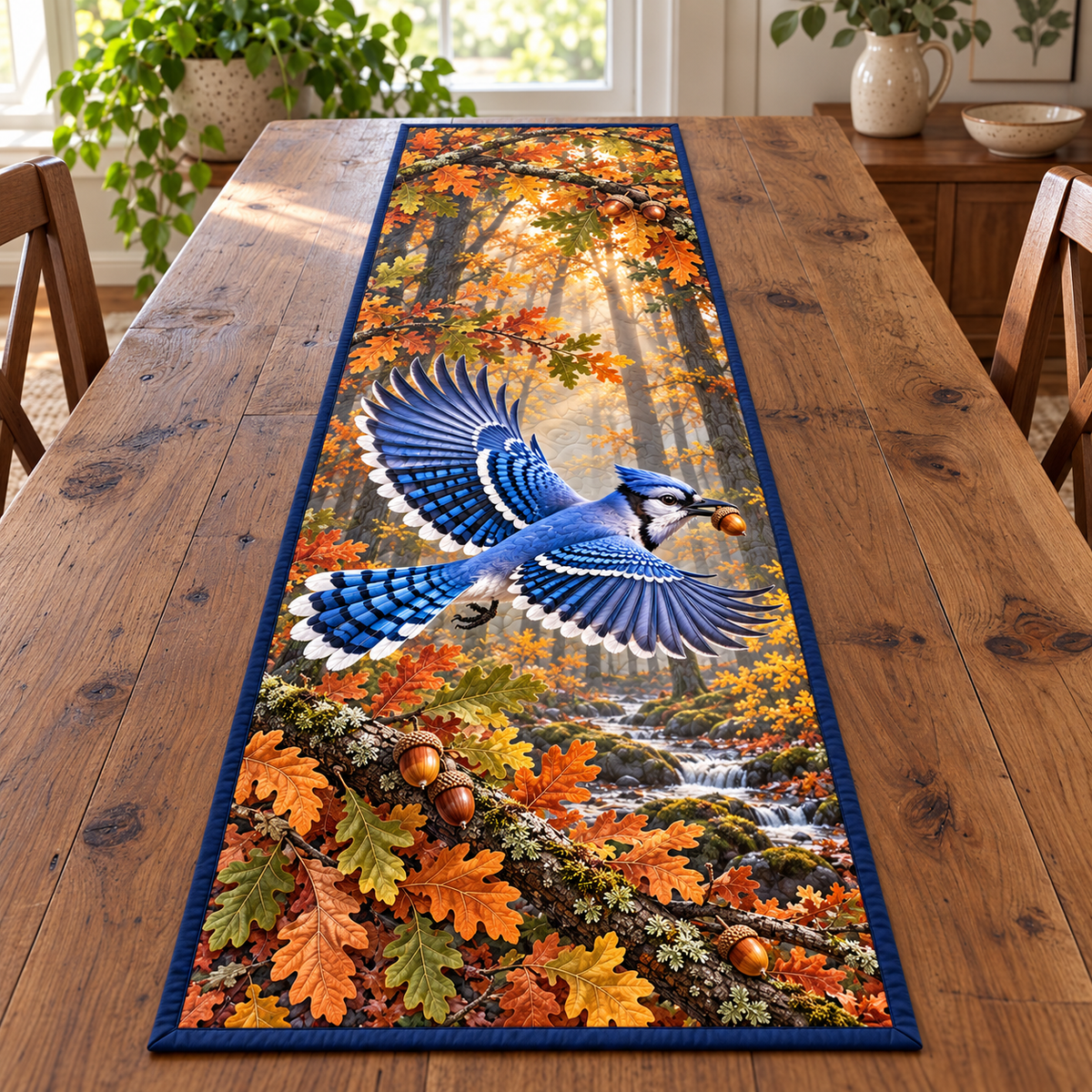 Blue Jay Acorn Flight Table Runner with flat printed flying blue jay, acorn and layered autumn oak woodland.
