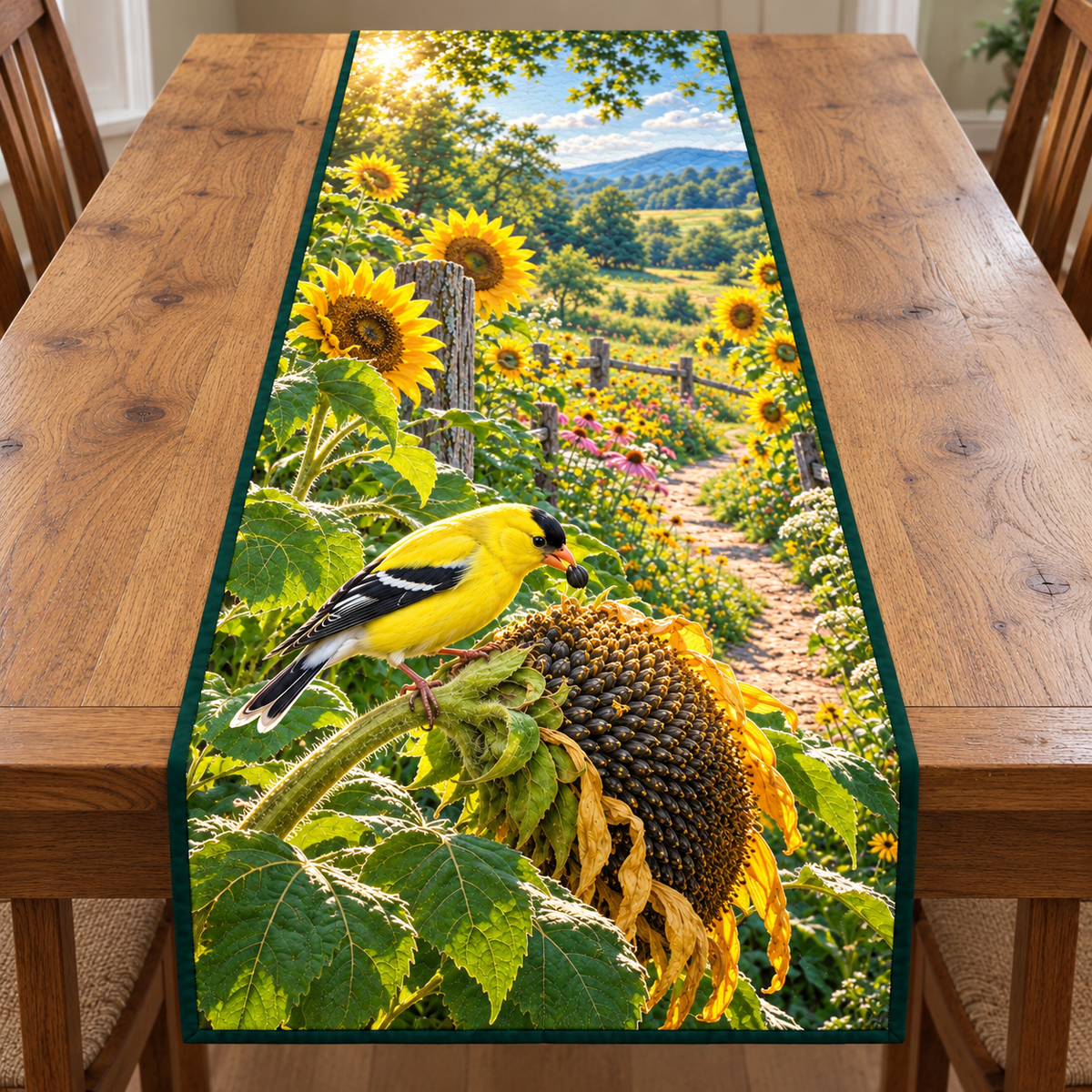 Goldfinch Sunflower Meadow Table Runner. Flat printed yellow goldfinch feeding at mature sunflower seeds among curled petals, leaves and receding meadow path.