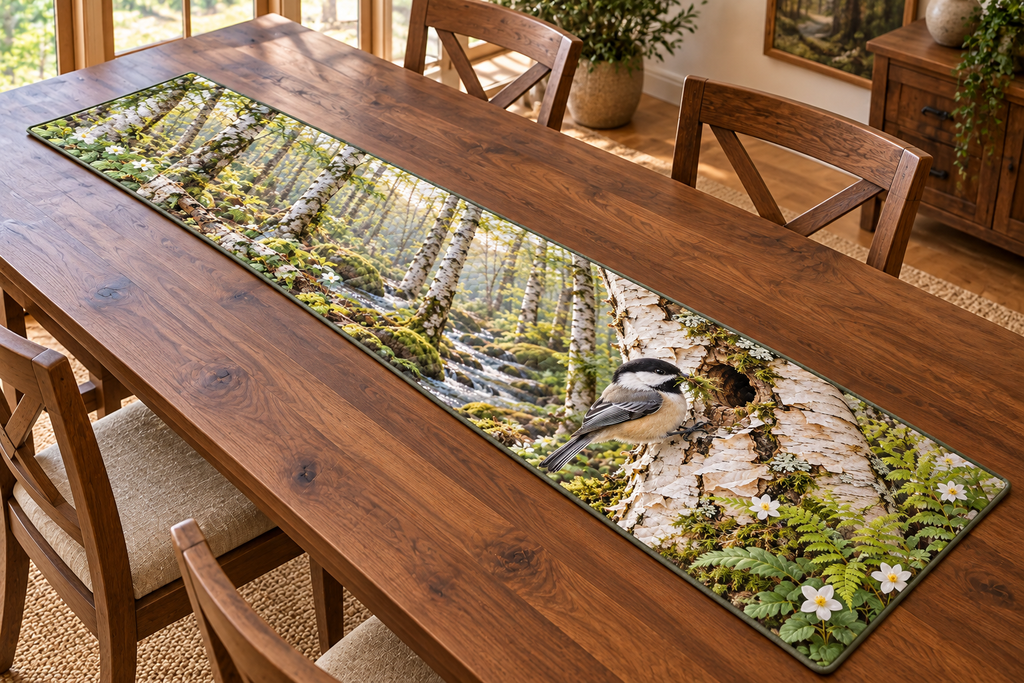 Chickadee Birch Nest Builder Table Runner with flat printed moss-carrying chickadee beside a birch nest cavity and receding woodland.