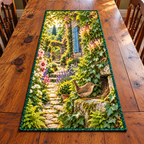 Wren Cottage Nesting Twig Table Runner with flat printed brown wren carrying twig beside ivy stone nest crevice and layered cottage garden.