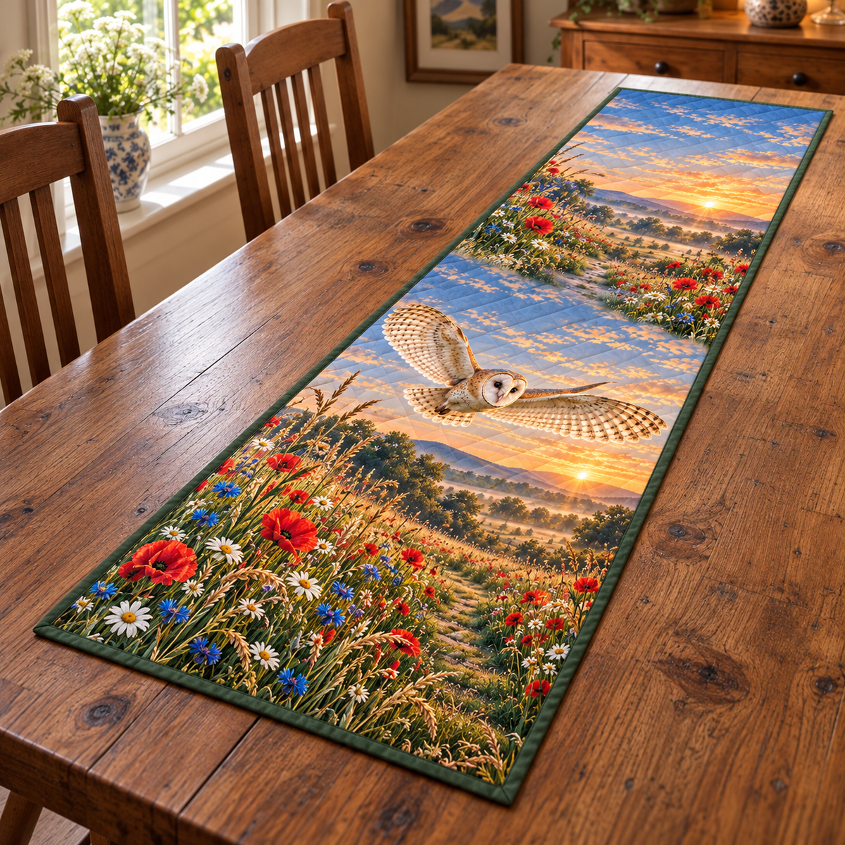 Barn Owl Dawn Meadow Flight Table Runner. Flat printed gliding barn owl with repeating sunrise meadow scenery.