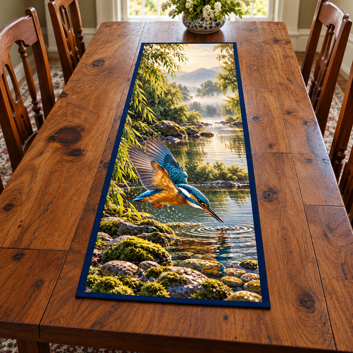 Kingfisher River Dive Table Runner with flat printed diving blue-orange bird, clear pebbled river and misty willow banks within navy bound edge.