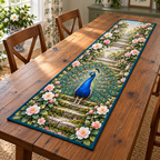 Peacock Camellia Garden Fan Table Runner. Flat printed standing peacock display fan among camellias and mossy steps.