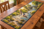 Barn Swallow Stream Flight Table Runner with flat printed barn swallow over a meadow stream and stone bridge.
