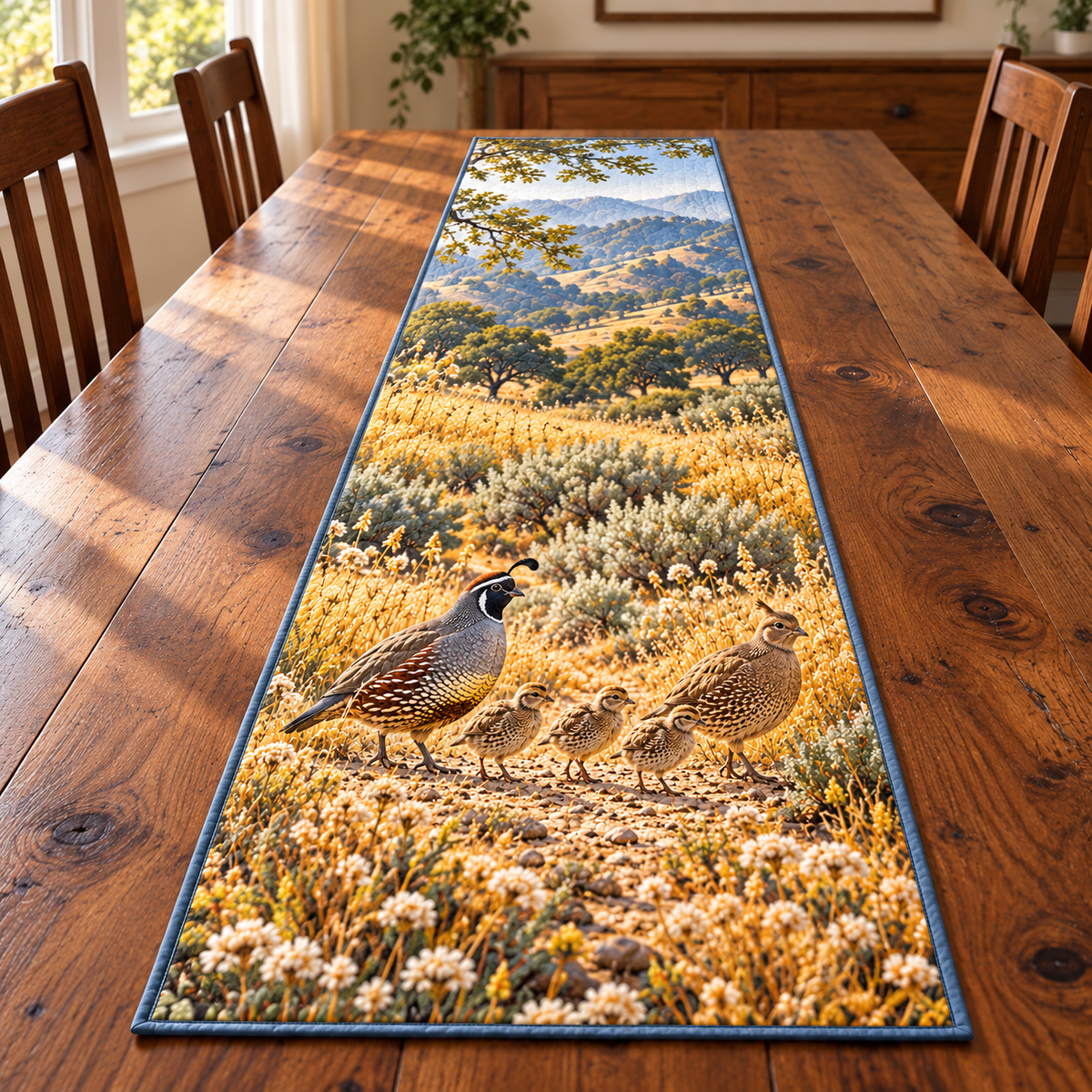 Quail Family Oak Meadow Table Runner. Flat printed two adult quail and three chicks on meadow pebble path.