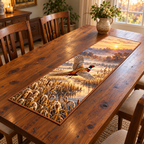 Pheasant Flight Reed Marsh Table Runner with flat printed bird and layered golden reeds; complete rectangular perimeter visible.
