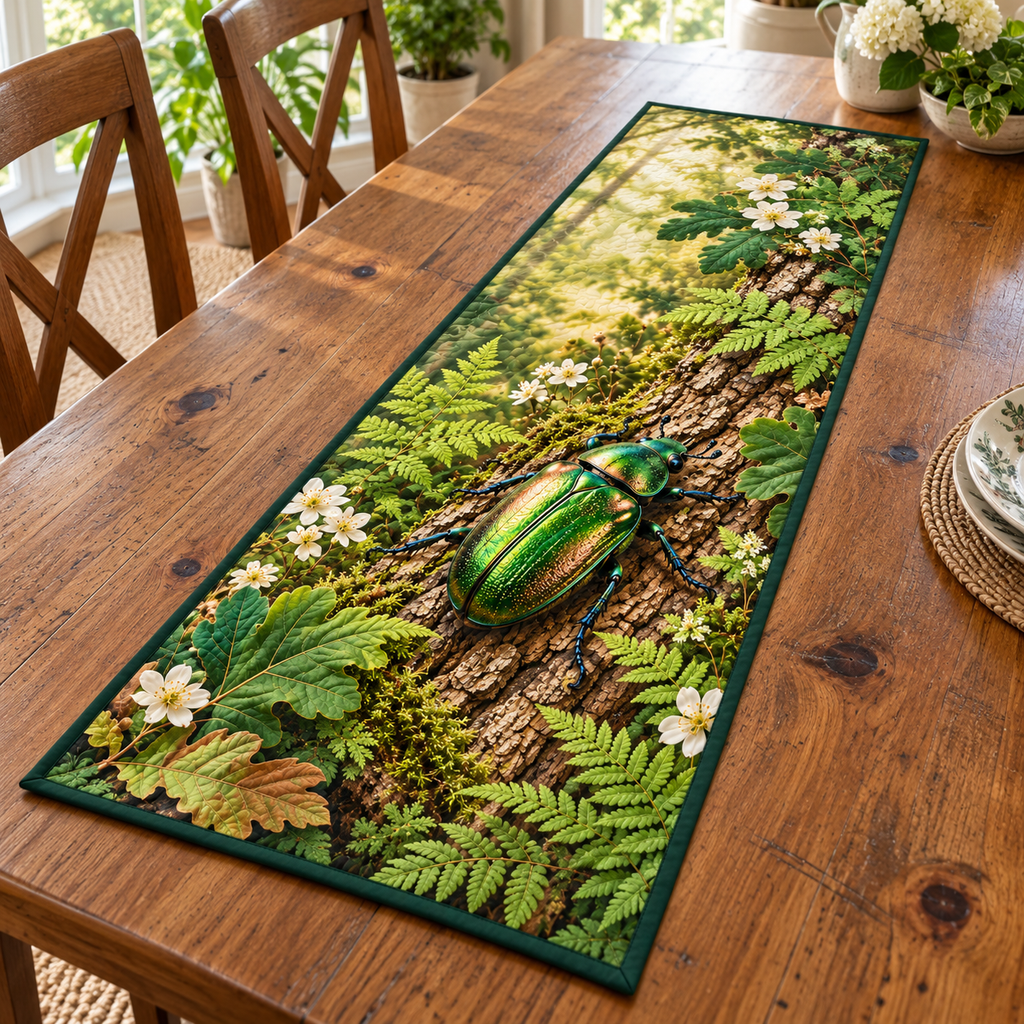 Emerald Beetle Fern Study Table Runner with flat printed green beetle on textured oak bark and ferns.