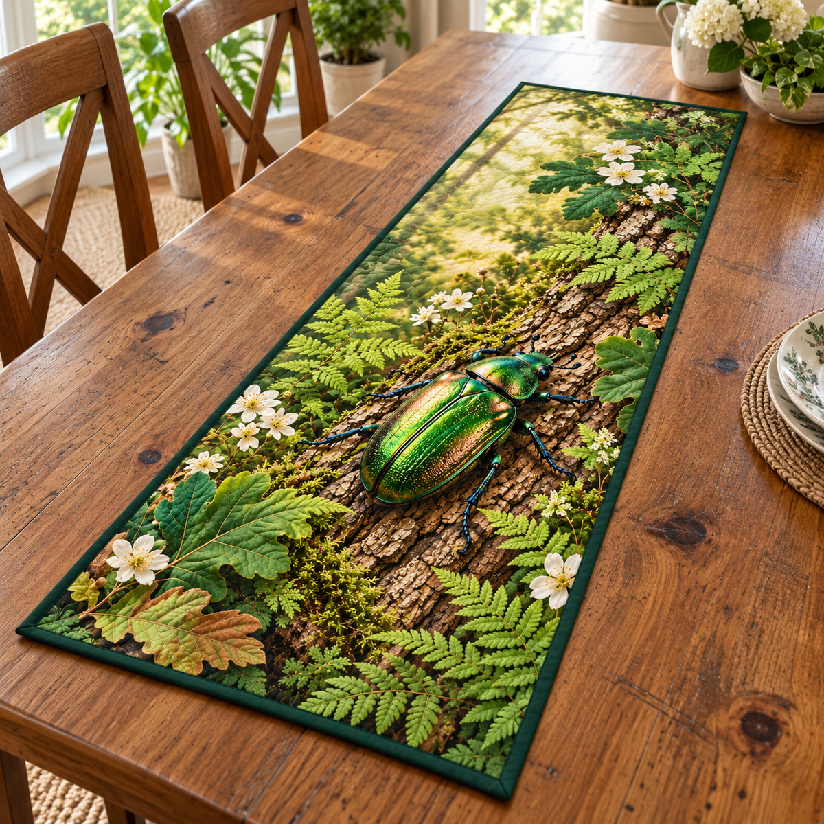Emerald Beetle Fern Study Table Runner with flat printed green beetle on textured oak bark and ferns.