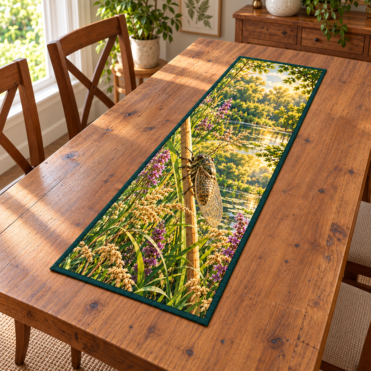 Cicada Reed Summer Pond Table Runner with flat printed cicada, veined folded wings, grasses and layered pond.