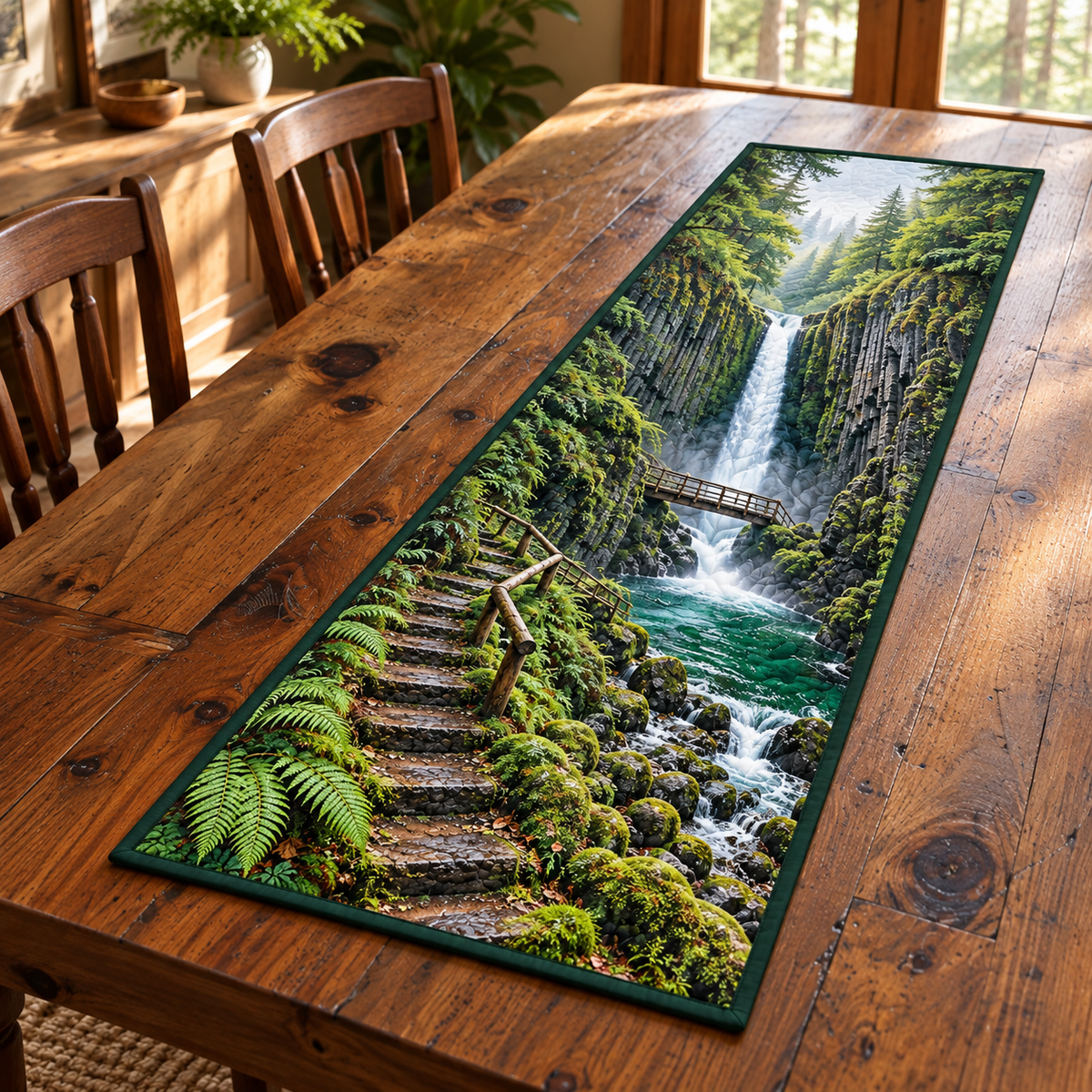 Basalt Gorge Waterfall Trail Table Runner. Flat printed basalt waterfall, mossy stair trail and timber footbridge.