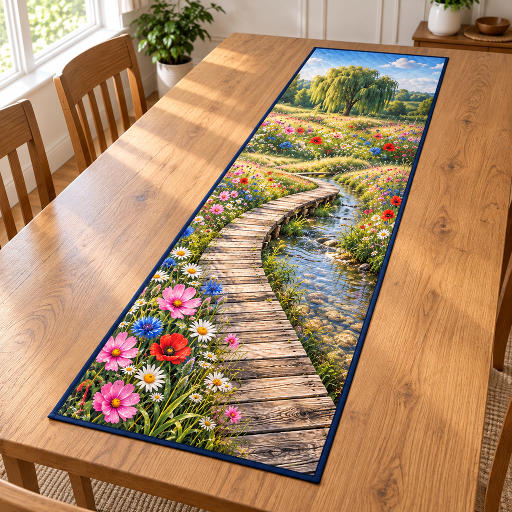 Wildflower Brook Boardwalk Table Runner. Flat printed curved plank boardwalk, clear pebble brook, wildflower banks and willow grove.