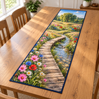 Wildflower Brook Boardwalk Table Runner. Flat printed curved plank boardwalk, clear pebble brook, wildflower banks and willow grove.