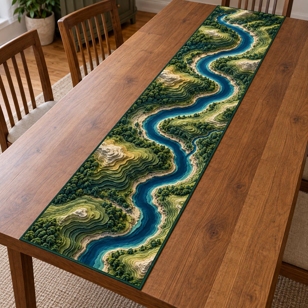 Full thin rectangular runner with fictional blue river meander and layered green sandstone contour terrain, flat printed relief