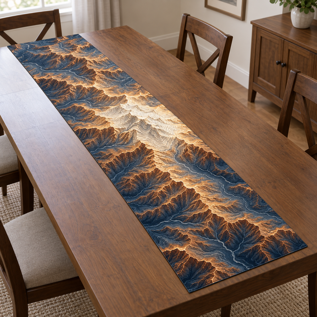 Full thin rectangular runner with fictional ivory mountain summit, copper ridges and slate-blue contour valleys, flat printed relief