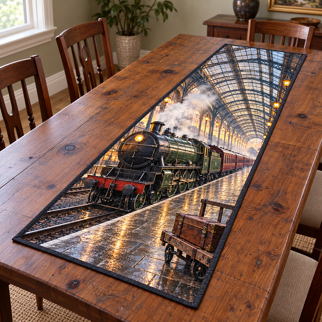 Glass Canopy Steam Departure Table Runner. Flat printed steam locomotive, luggage trolley and deep iron-glass station canopy.