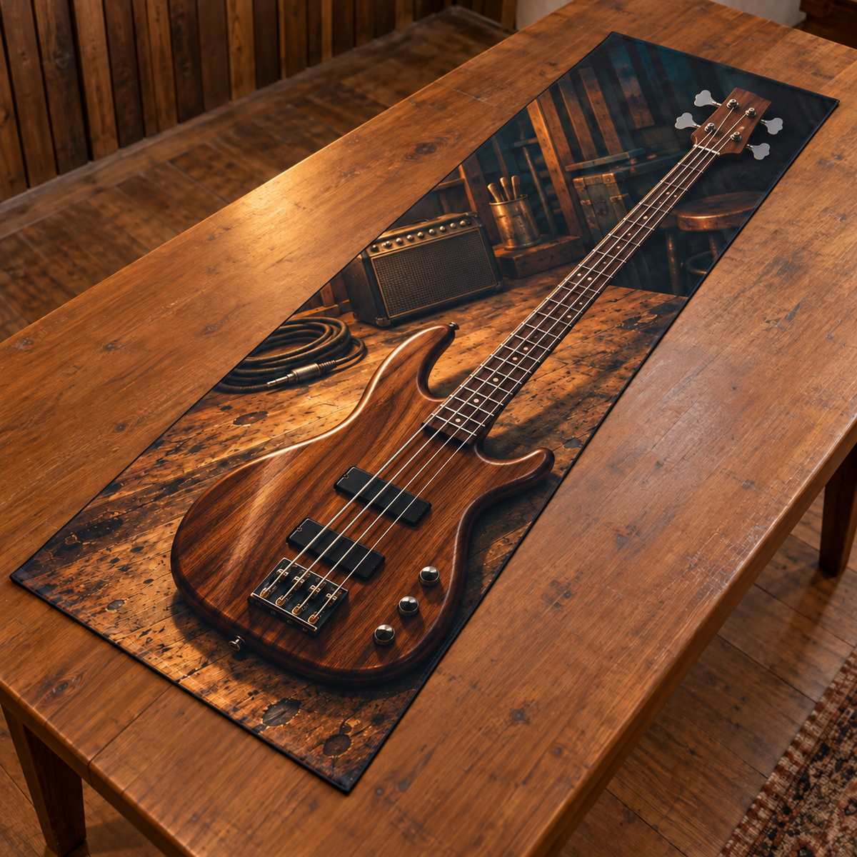 Full thin rectangular runner with one walnut four-string bass on a studio workbench, flat printed depth