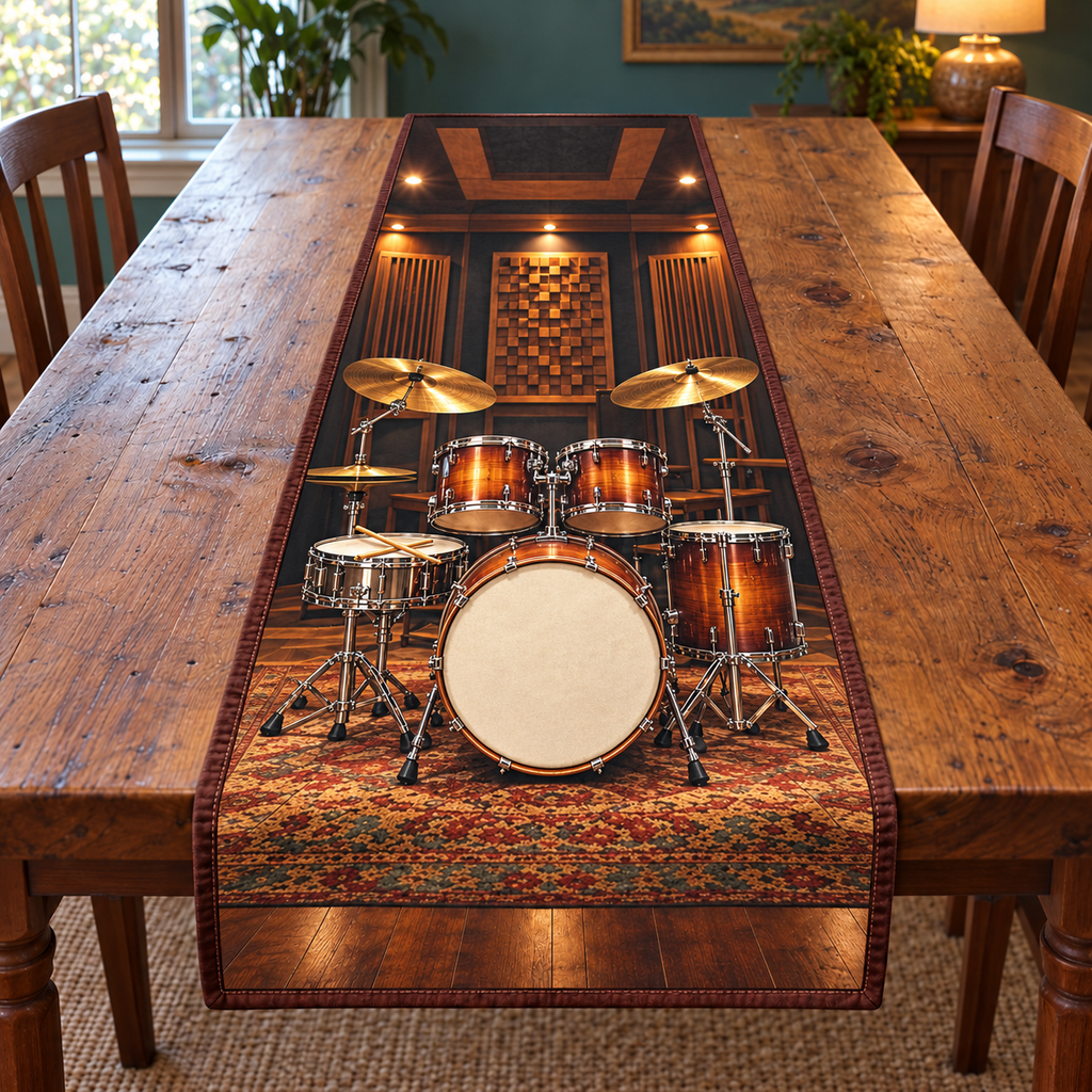 Long narrow thin table runner with flat printed walnut acoustic drum kit in a recessed recording studio