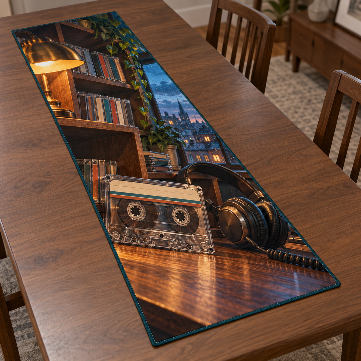 Cassette and Headphones Twilight Table Runner with flat printed clear two-reel cassette and one pair of headphones on a walnut listening desk.
