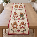 One quilted cotton runner with six printed gingerbread bakers, peppermint dividers and candy stripe border
