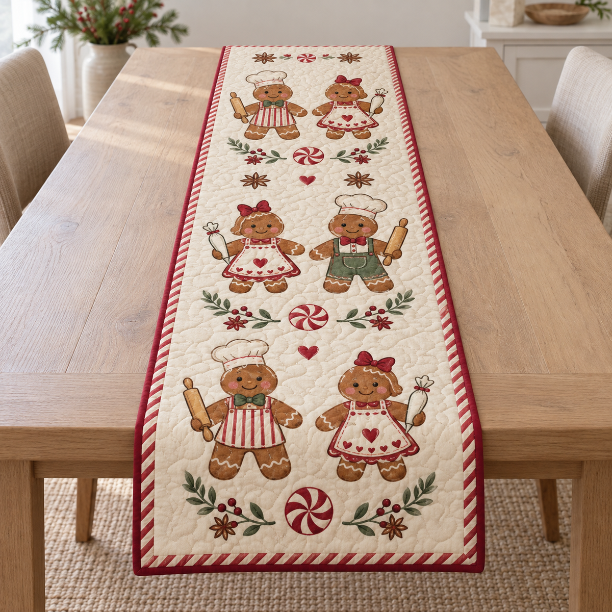 One quilted cotton runner with six printed gingerbread bakers, peppermint dividers and candy stripe border