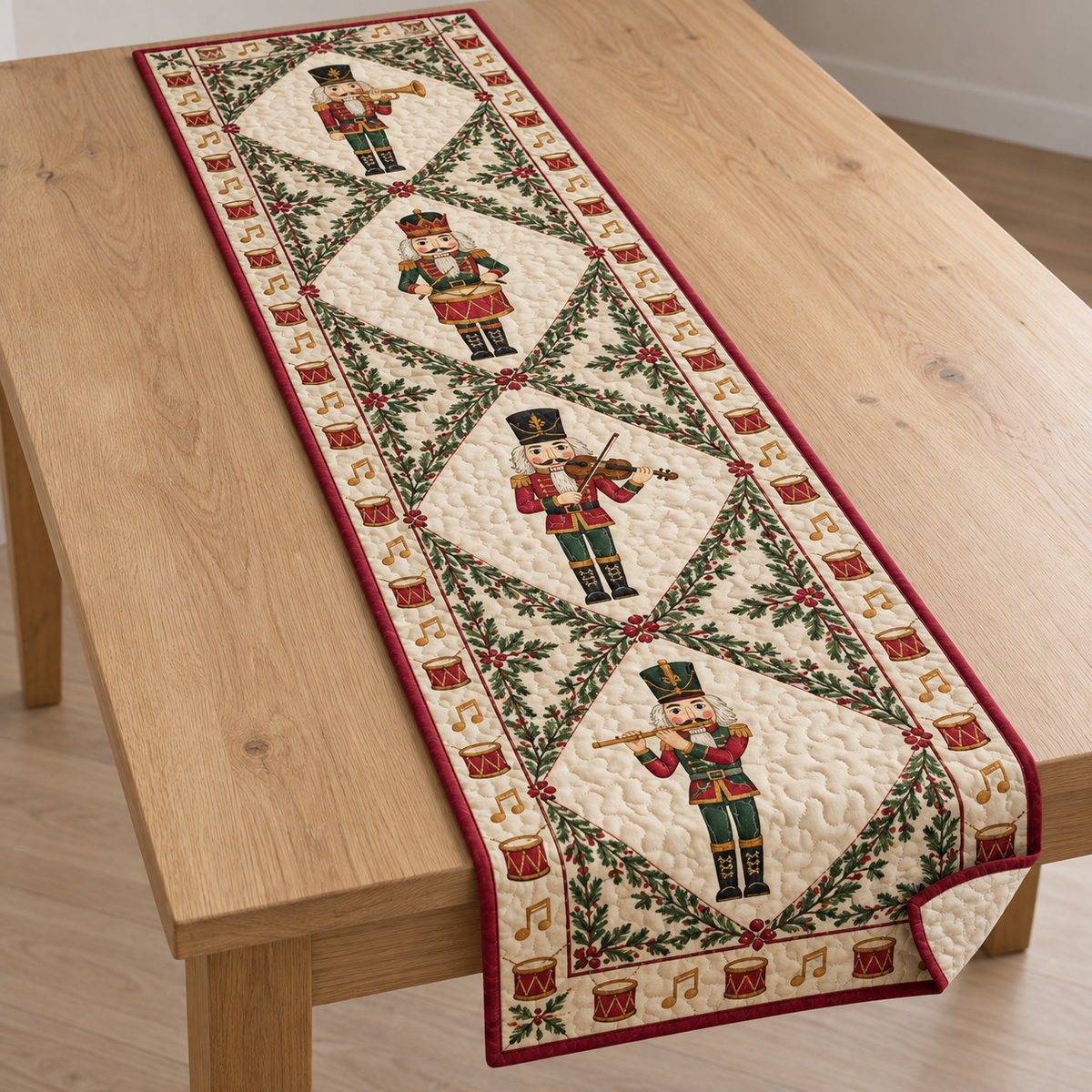 One ivory quilted table runner with four printed nutcracker musicians in leafy diamond panels, cranberry binding and visible quilt channels