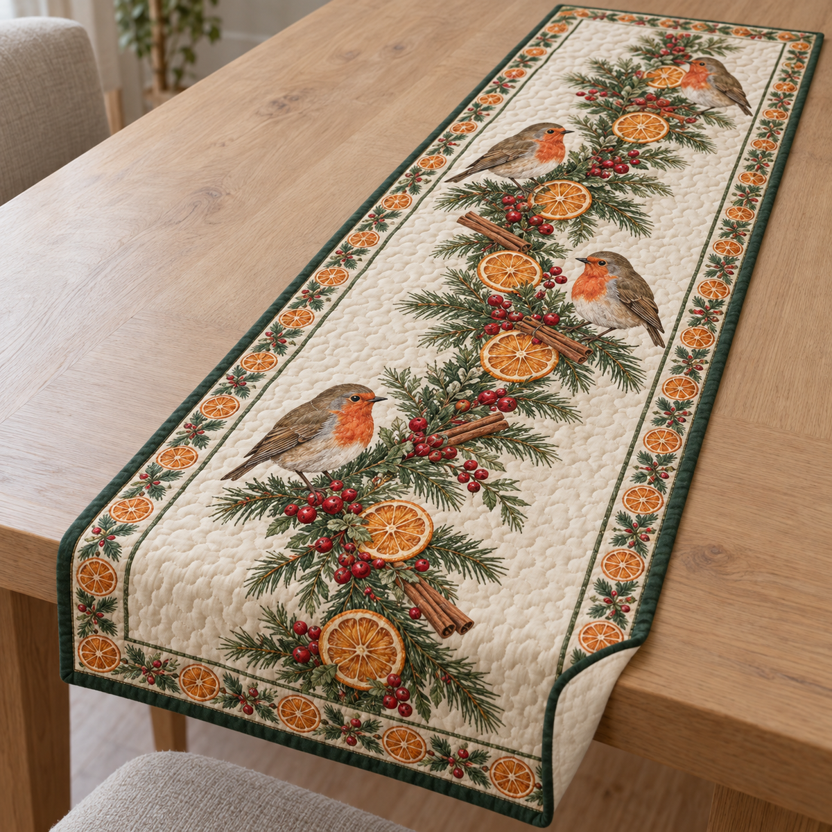 One ivory quilted table runner with four printed robins, orange-slice evergreen garland, green binding and visible quilt channels