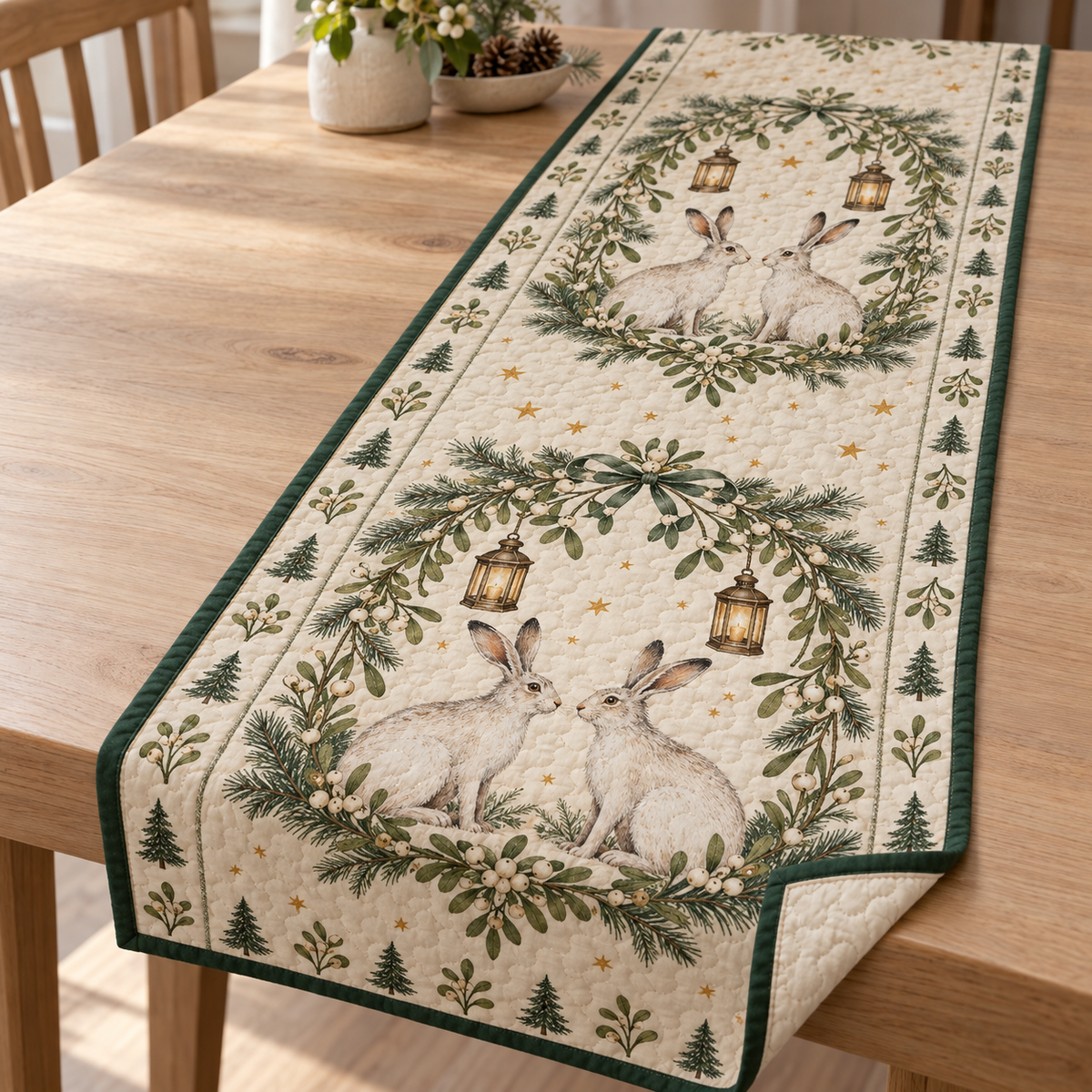 One ivory quilted table runner with printed winter hare pairs, mistletoe arches and lanterns, green binding and visible quilt channels