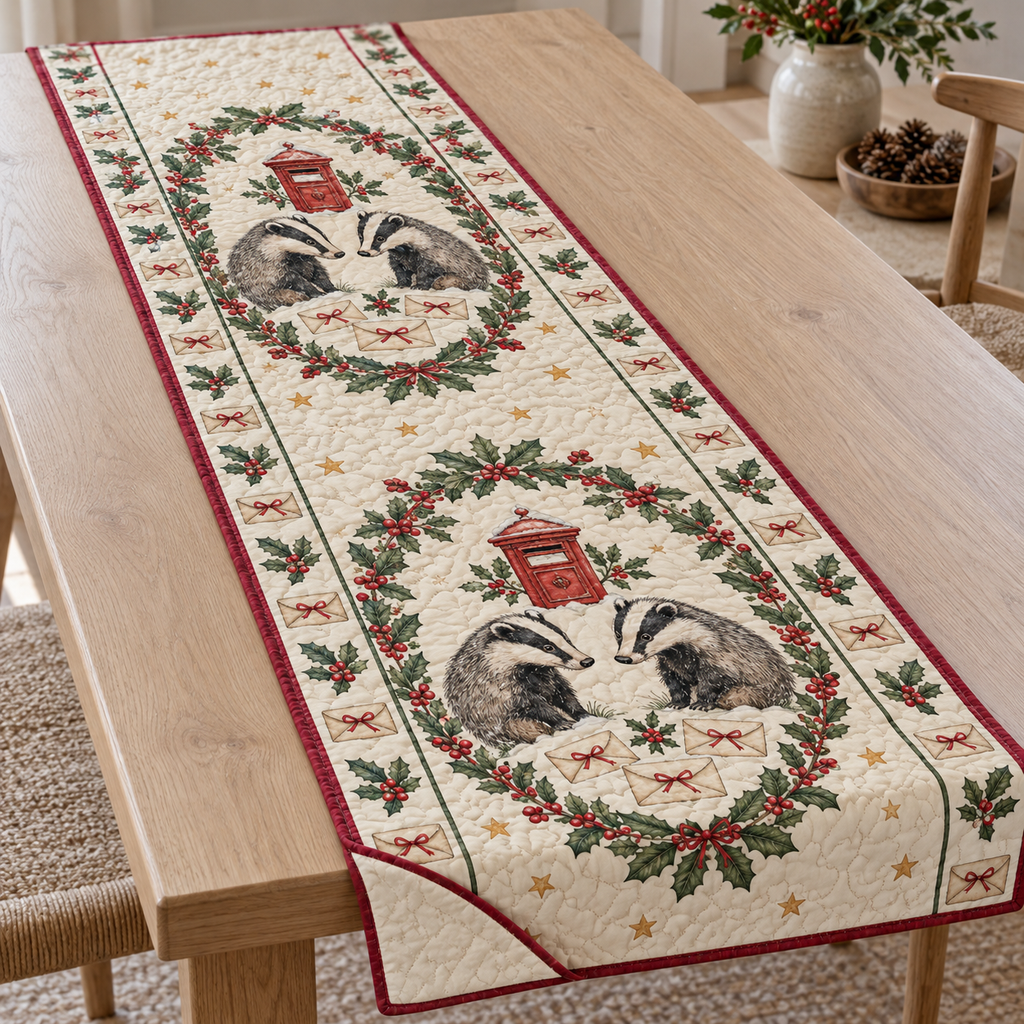 One ivory quilted table runner with four printed badgers, holly postal medallions, cranberry binding and visible quilt channels
