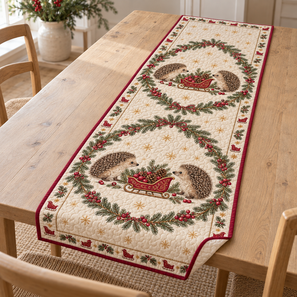 One ivory quilted table runner with four printed hedgehogs, two cranberry sleighs, fir medallions and visible quilt channels