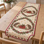 One ivory quilted table runner with four printed hedgehogs, two cranberry sleighs, fir medallions and visible quilt channels