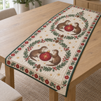 One ivory quilted table runner with four printed otters, cranberry star baubles, fir medallions and visible quilt channels