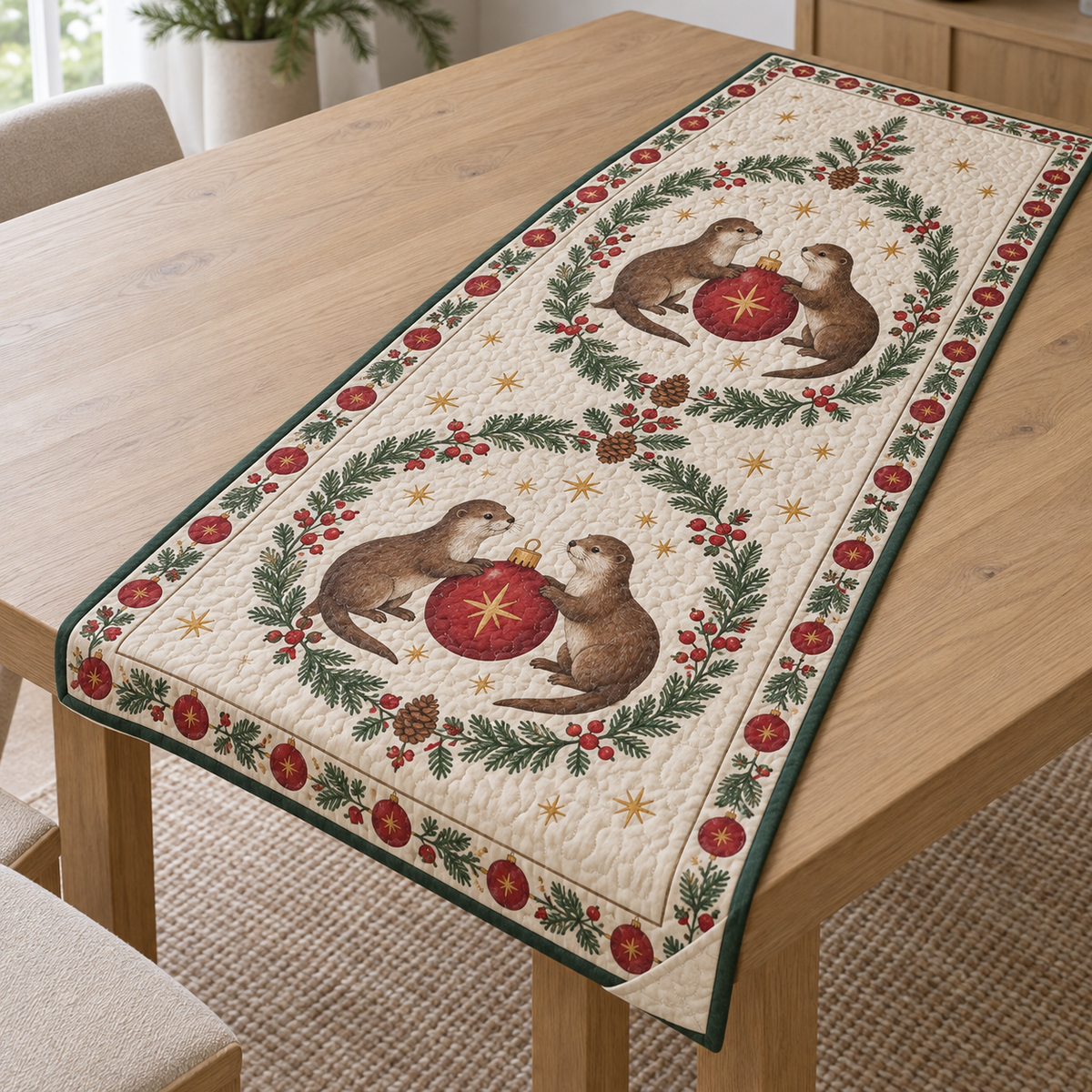 One ivory quilted table runner with four printed otters, cranberry star baubles, fir medallions and visible quilt channels