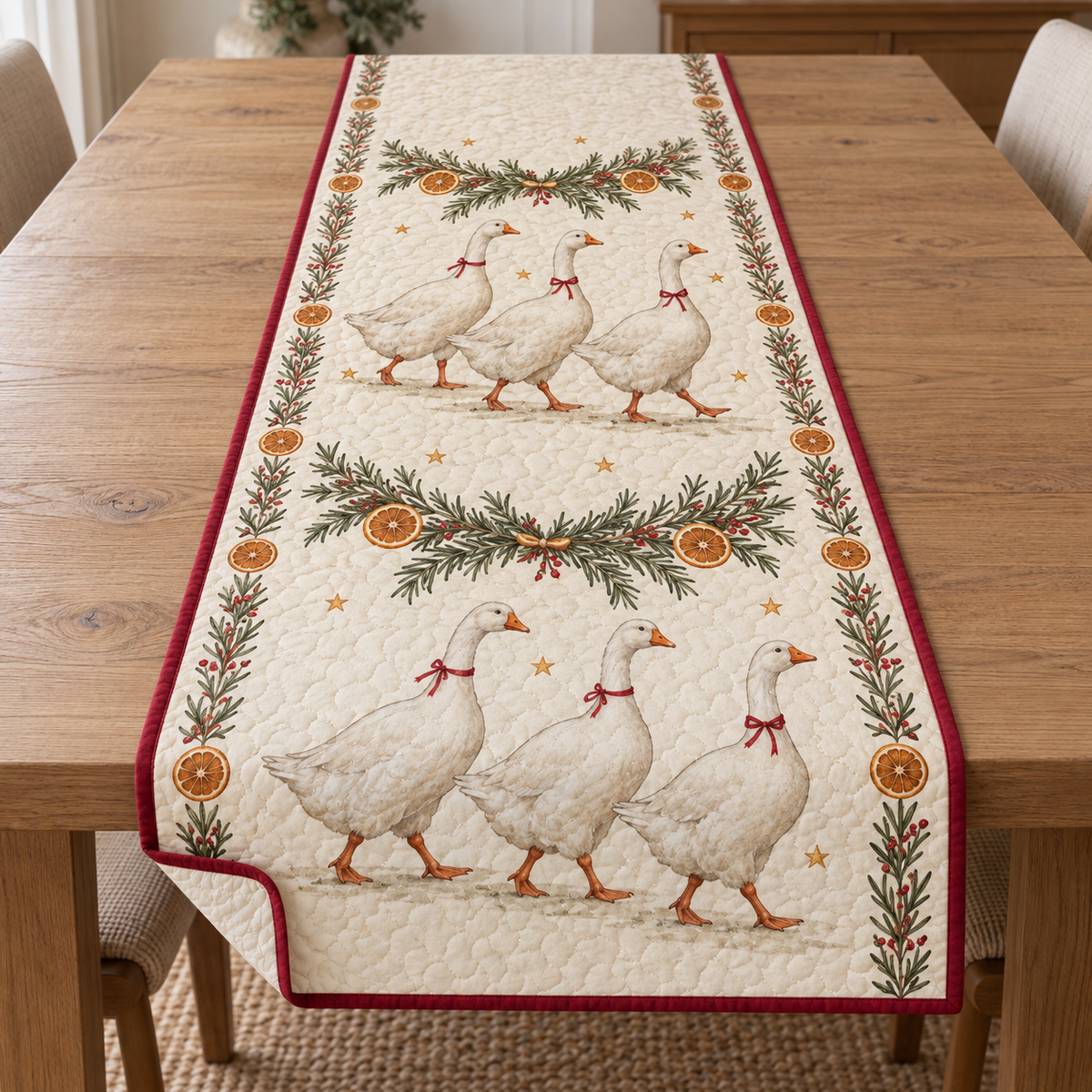 One ivory quilted runner with six printed white geese, rosemary orange garlands, cranberry binding and meandering channels