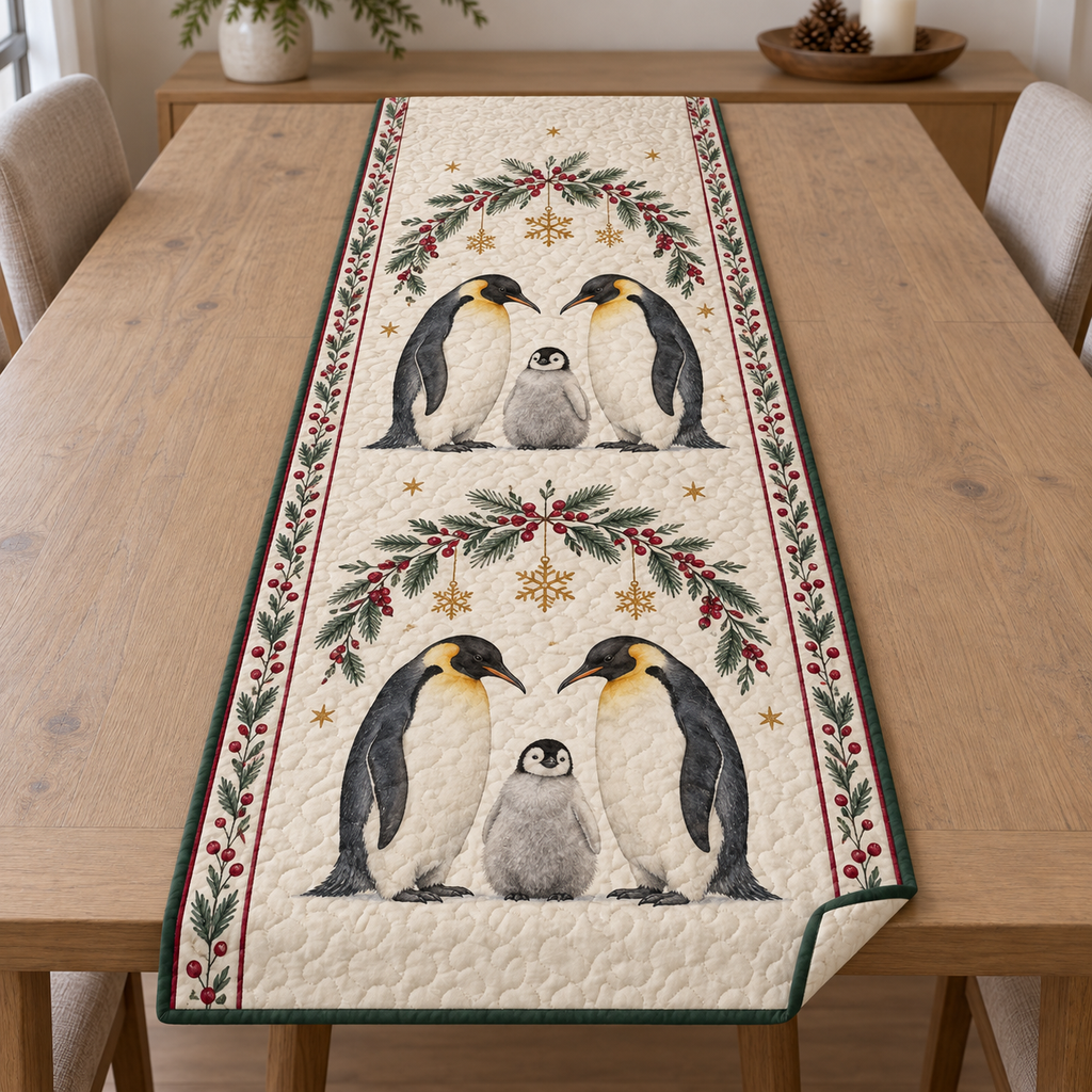 One ivory quilted runner with two printed emperor penguin families, cranberry fir snowflake arches, green binding and dense quilting
