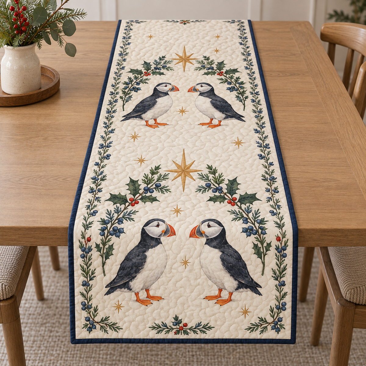 One ivory quilted runner with two printed puffin pairs under holly juniper star arches, navy binding and dense quilting
