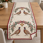 One ivory quilted runner with two printed pheasant pairs under holly rosehip bell arches, cranberry binding and dense quilting