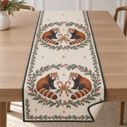 One ivory quilted table runner with four printed red pandas, cedar winterberry medallions and crossed candy canes, forest green binding and cream reverse corner