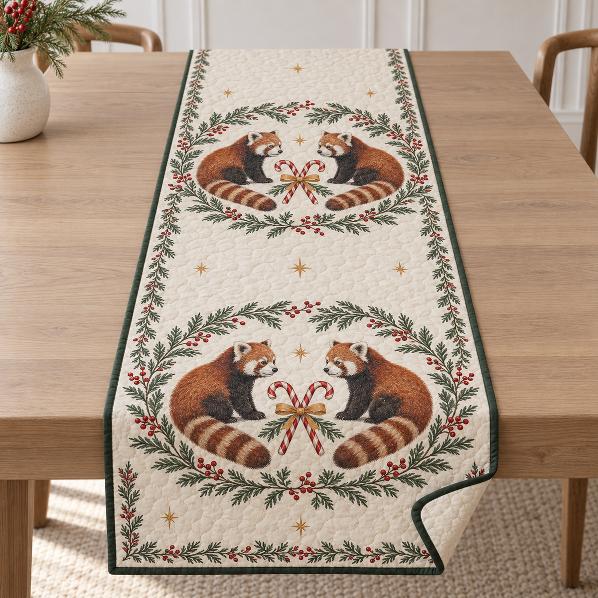 One ivory quilted table runner with four printed red pandas, cedar winterberry medallions and crossed candy canes, forest green binding and cream reverse corner