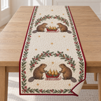 One ivory quilted table runner with four printed beavers, fir cranberry cinnamon arches and two red pear sleighs, cranberry binding and cream reverse corner