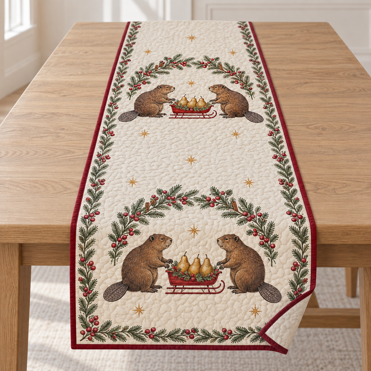 One ivory quilted table runner with four printed beavers, fir cranberry cinnamon arches and two red pear sleighs, cranberry binding and cream reverse corner