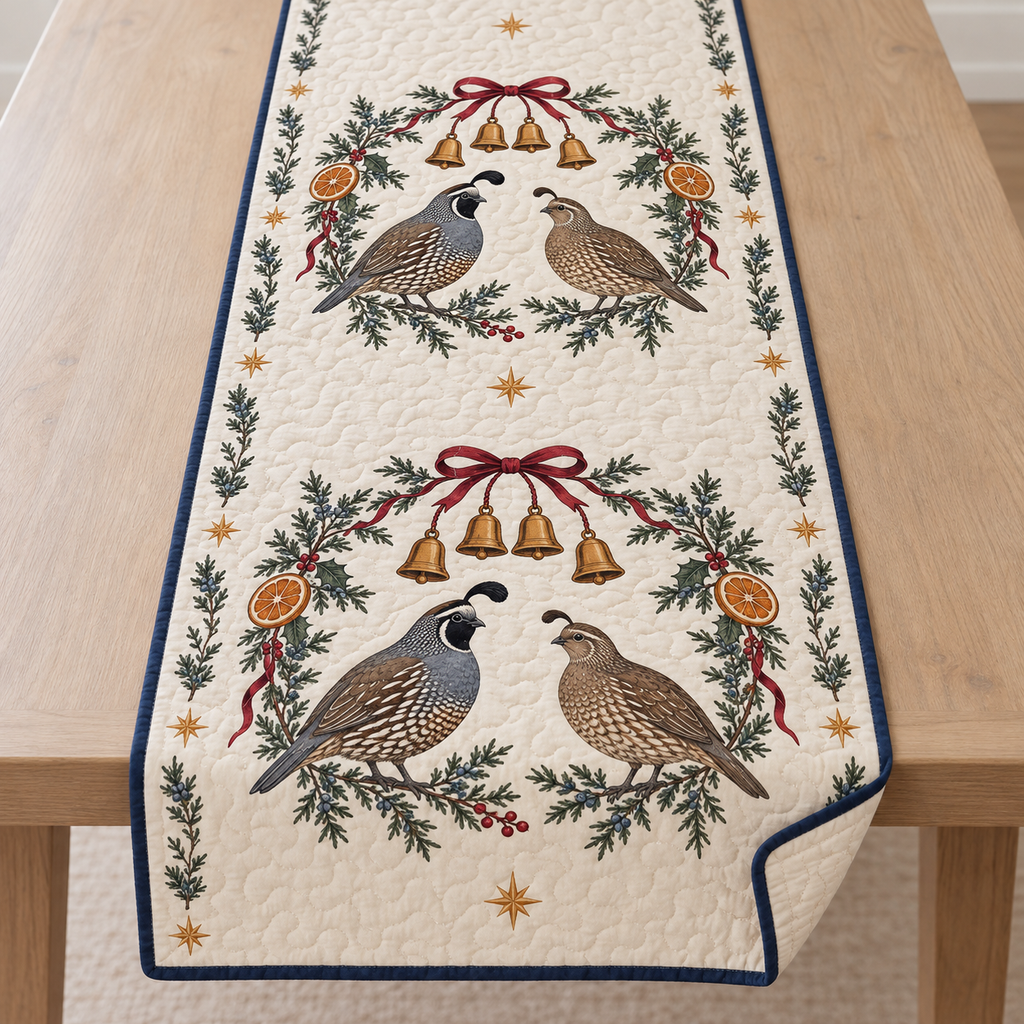 One ivory quilted table runner with two printed California quail pairs beneath juniper holly orange bell arches, navy binding and cream reverse corner